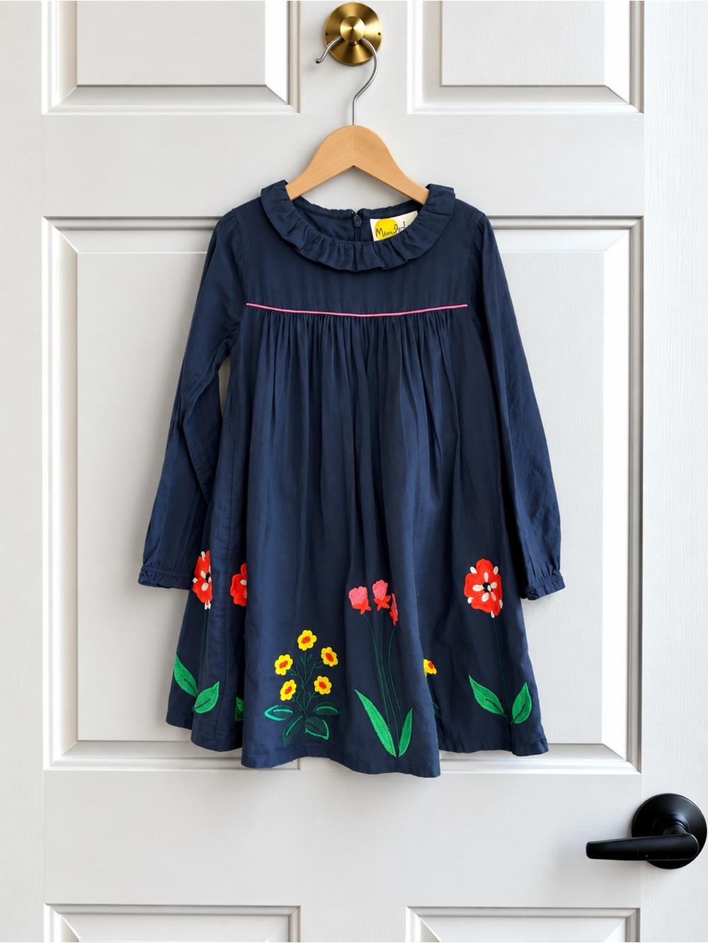 Mini Boden Girls Navy Floral Embroidered Ruffle Dress 5/6 Year